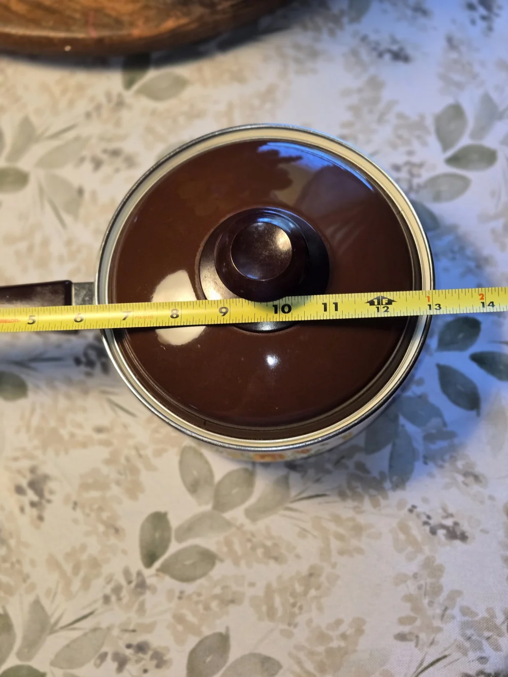 70s Vintage Medium Enamel Saucepan, Brown Lid, Floral Butterly Design